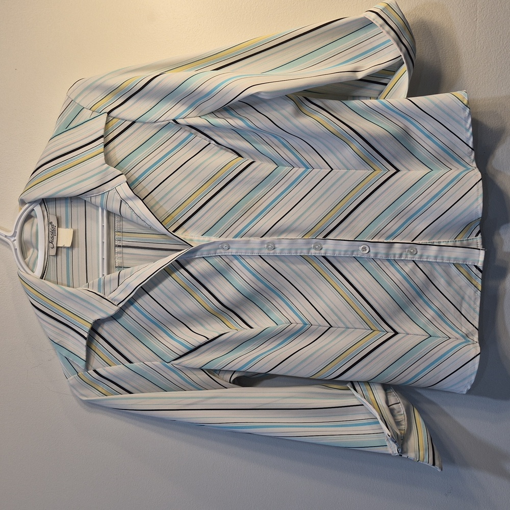 Jessica Petite Light Blue, White & Black Striped Knit Top